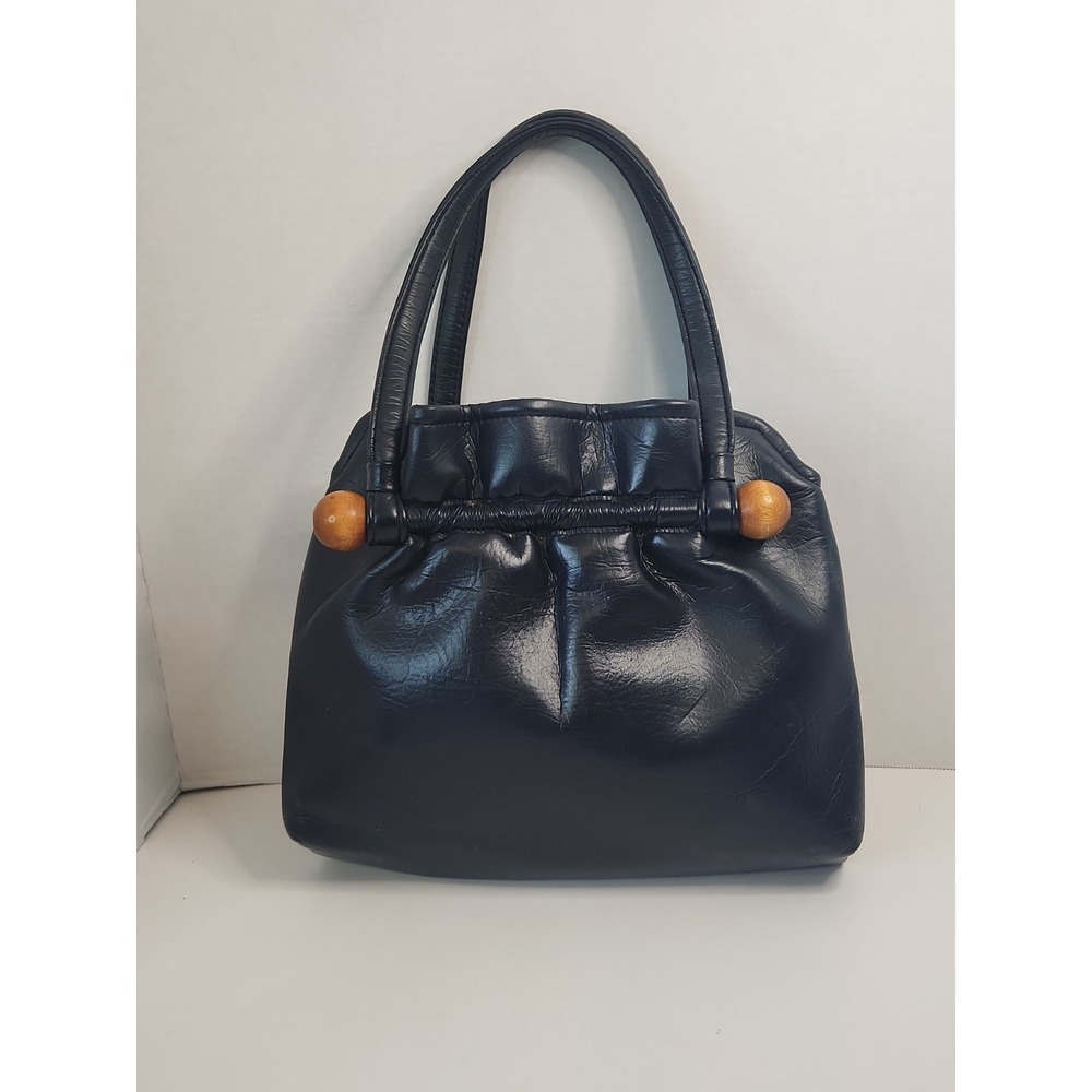 Vtg 50s/60s  Navy Leather Handbag Triple Compartment Kisslock Wooden Accents Mod